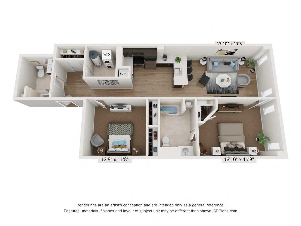 Floor plan for 2 beds, 2 baths, 1142 sqft